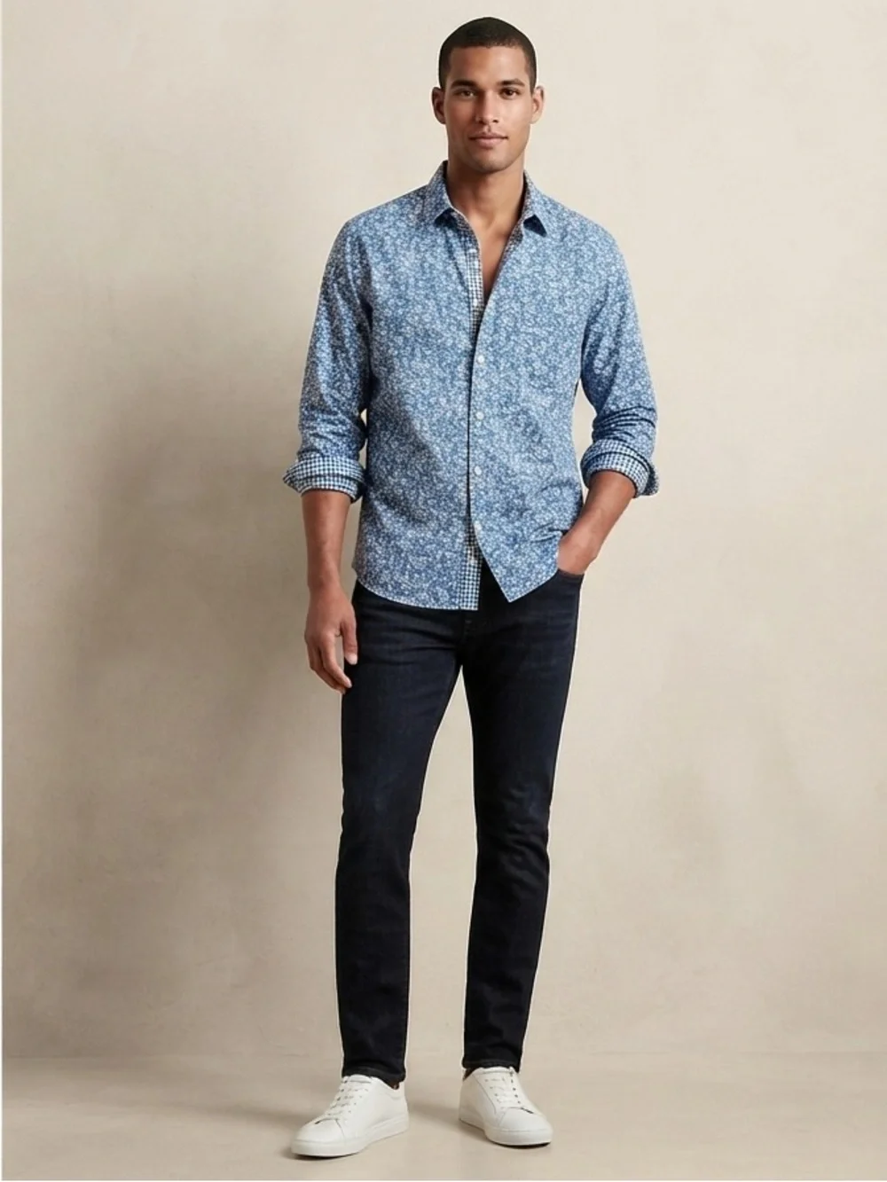 Banana Republic Blue Floral & Gingham Contrast Untucked Shirt M